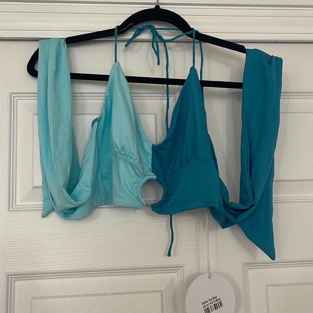 Multi color blue tie crop top